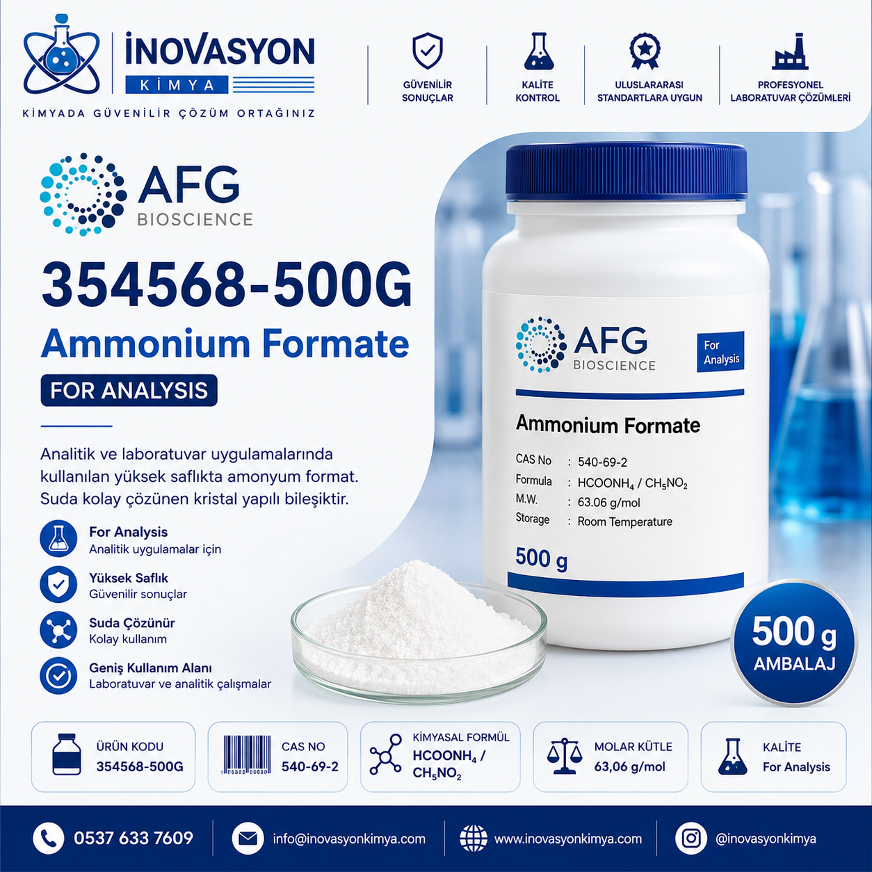 AFG Bioscience 354568 Ammonium Formate for Analysis 500 g