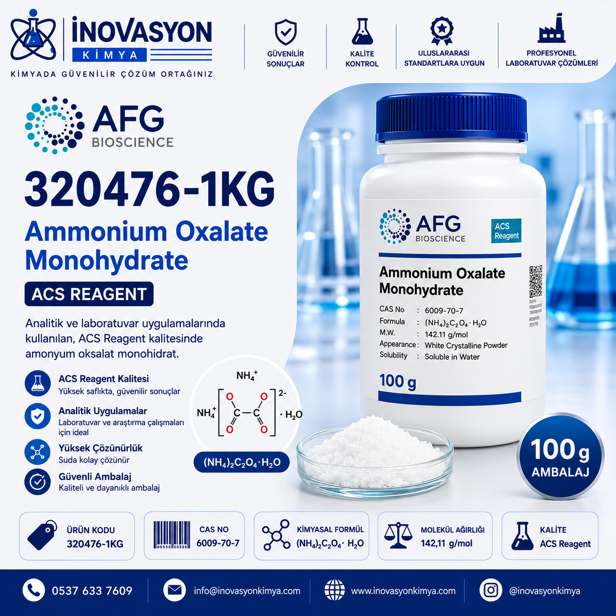 AFG Bioscience 320476 Ammonium Oxalate Monohydrate ACS 100 g