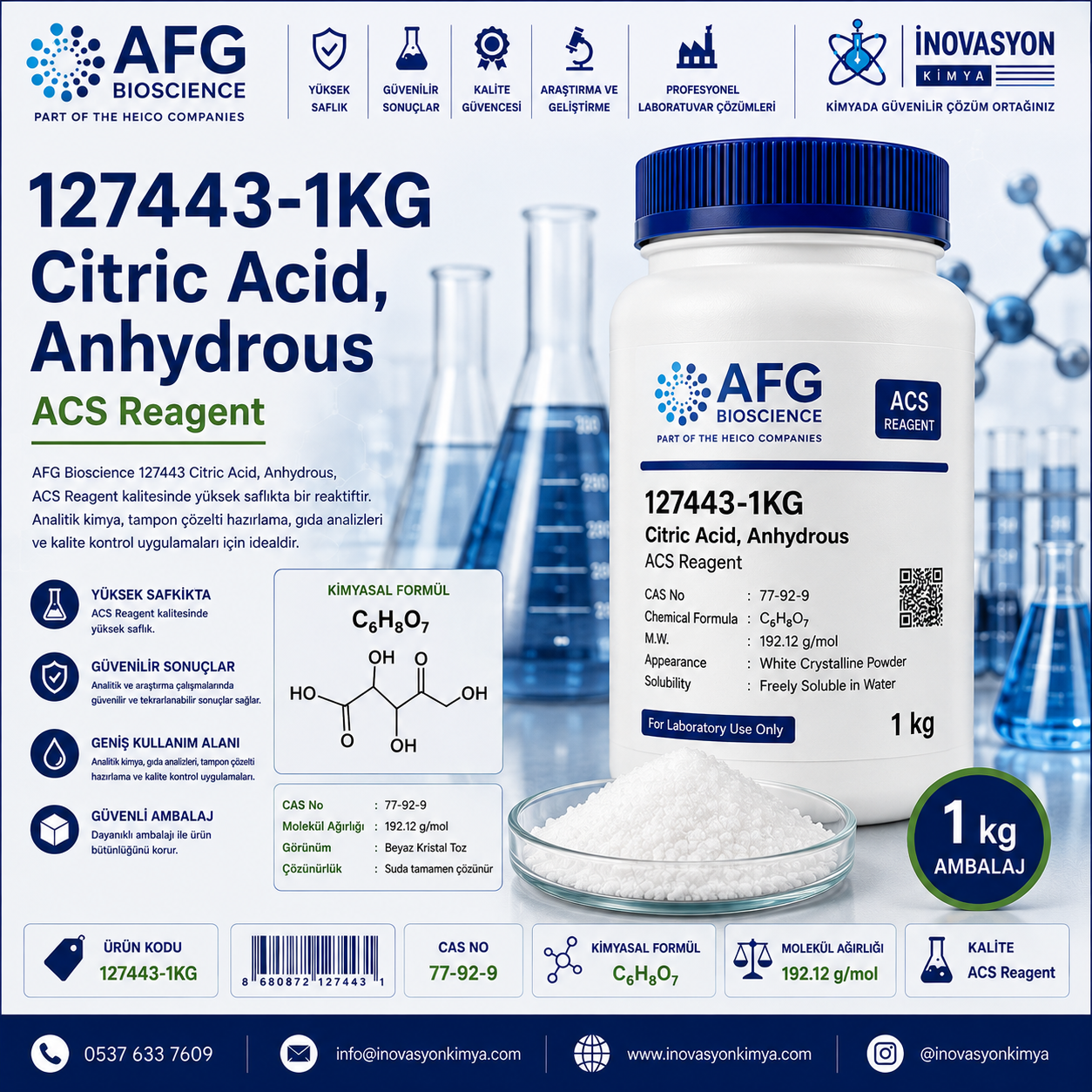 AFG Bioscience 127443-1KG Citric Acid, Anhydrous ACS Reagent 1 kg