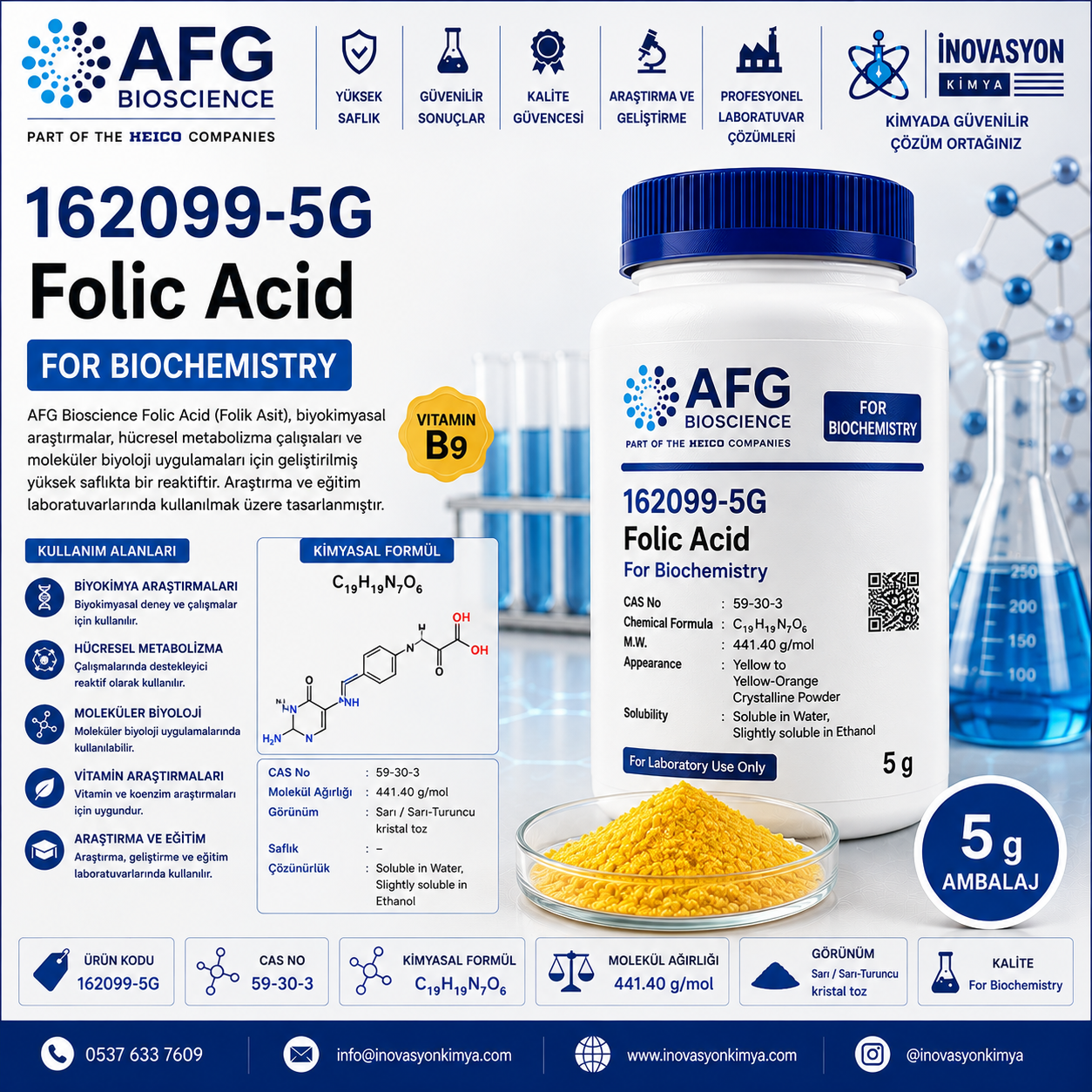 AFG Bioscience 162099-5G Folic Acid for Biochemistry 5 g
