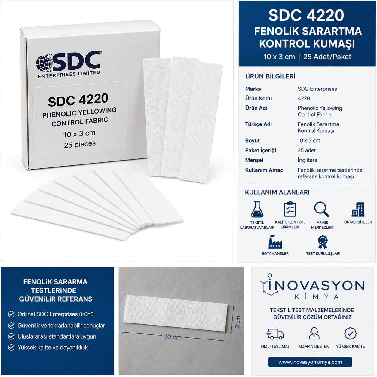SDC 4220 Fenolik Sarartma Kontrol Kumaşı – 10 × 3 cm | 25 Adet/Paket