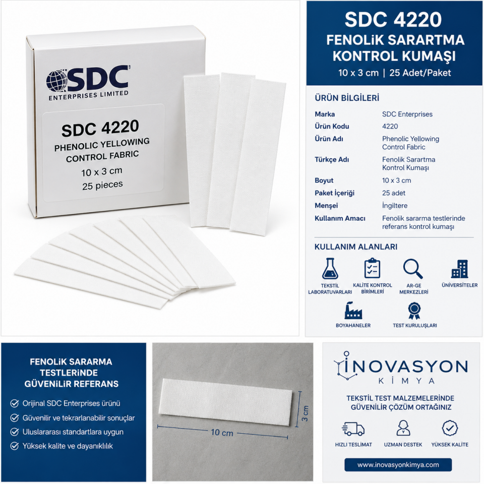 SDC 4220 Fenolik Sarartma Kontrol Kumaşı – 10 × 3 cm | 25 Adet/Paket