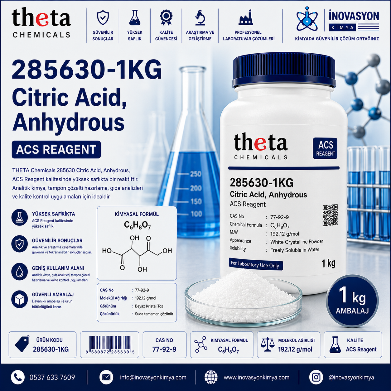 THETA Chemicals 285630-1KG Citric Acid, Anhydrous ACS Reagent 1 kg