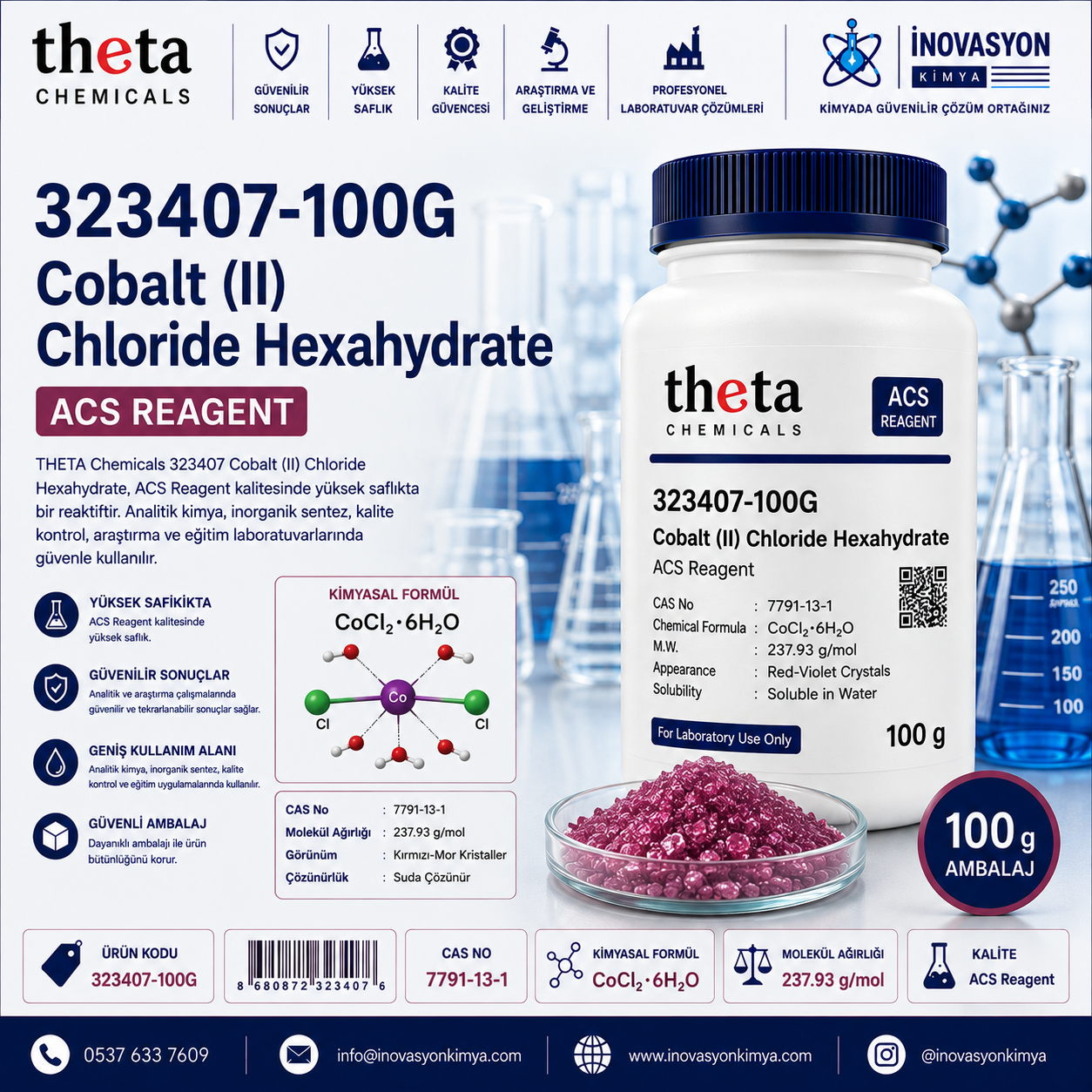 THETA Chemicals 323407-100G Cobalt (II) Chloride Hexahydrate ACS Reagent 100 g