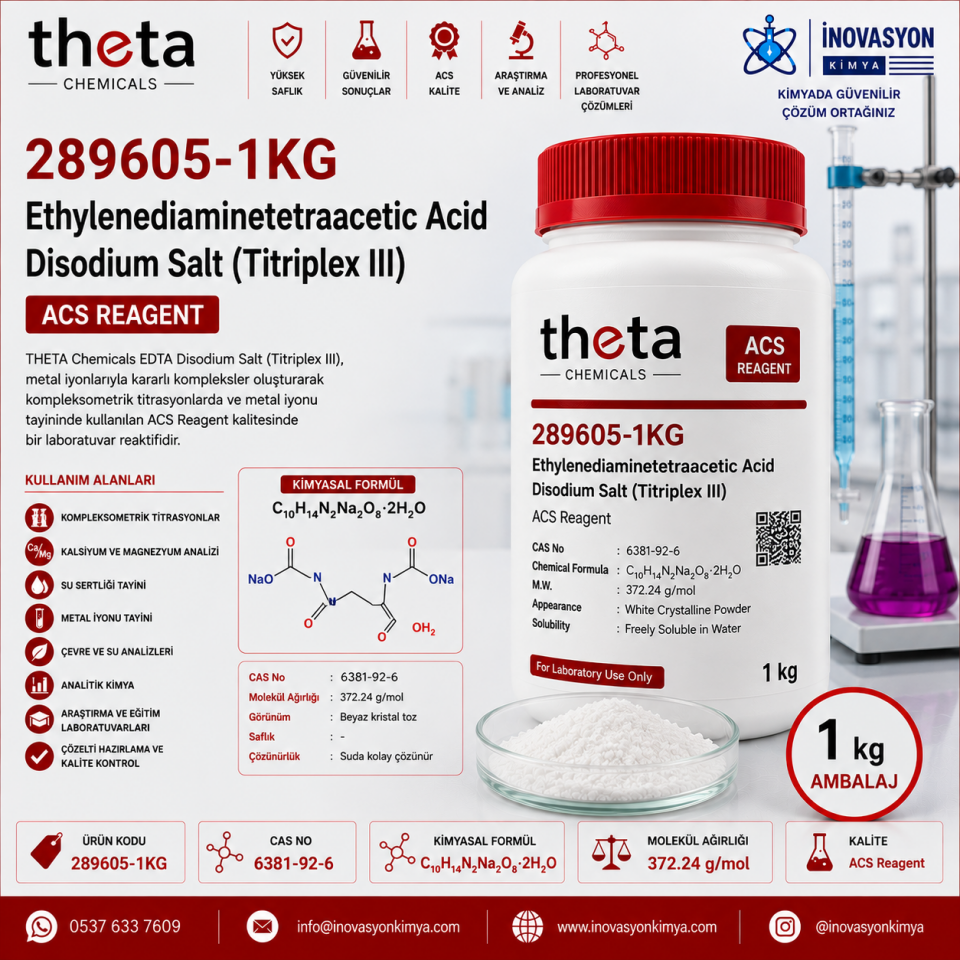 THETA Chemicals 289605-1KG Ethylenediaminetetraacetic Acid Disodium Salt (Titriplex III) ACS Reagent 1 kg