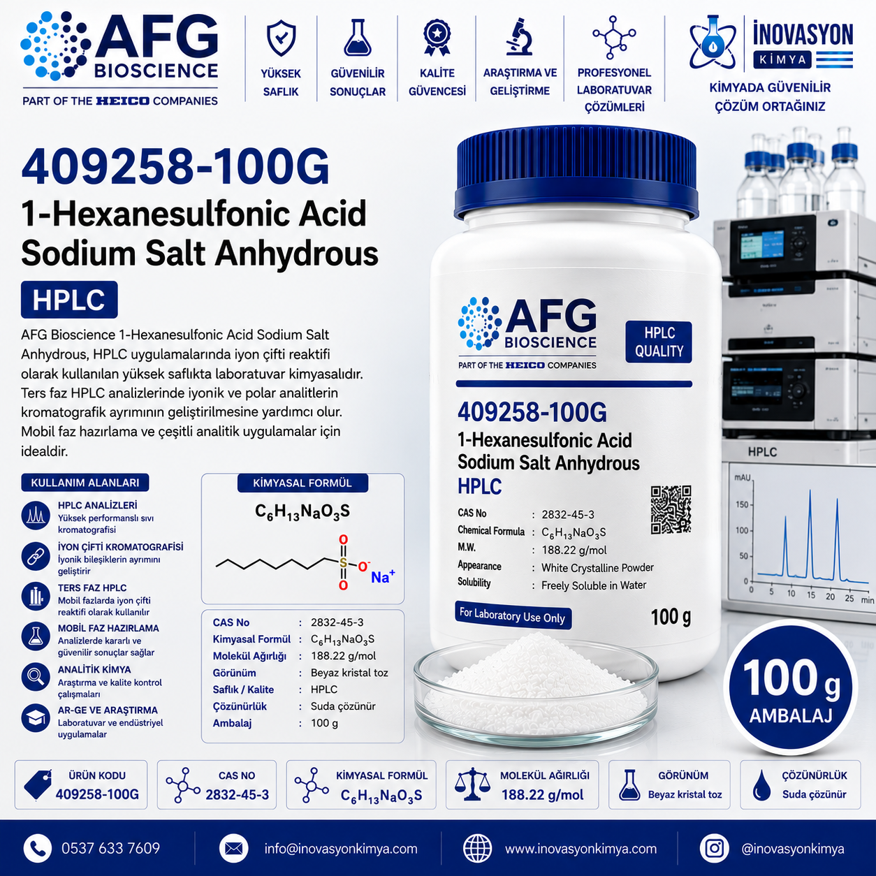 AFG Bioscience 409258-100G 1-Hexanesulfonic Acid Sodium Salt Anhydrous HPLC 100 g