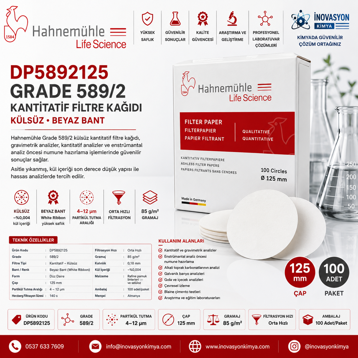 Hahnemühle Grade 589/2 Kantitatif Filtre Kağıdı Külsüz Beyaz Bant 125 mm 100 Adet