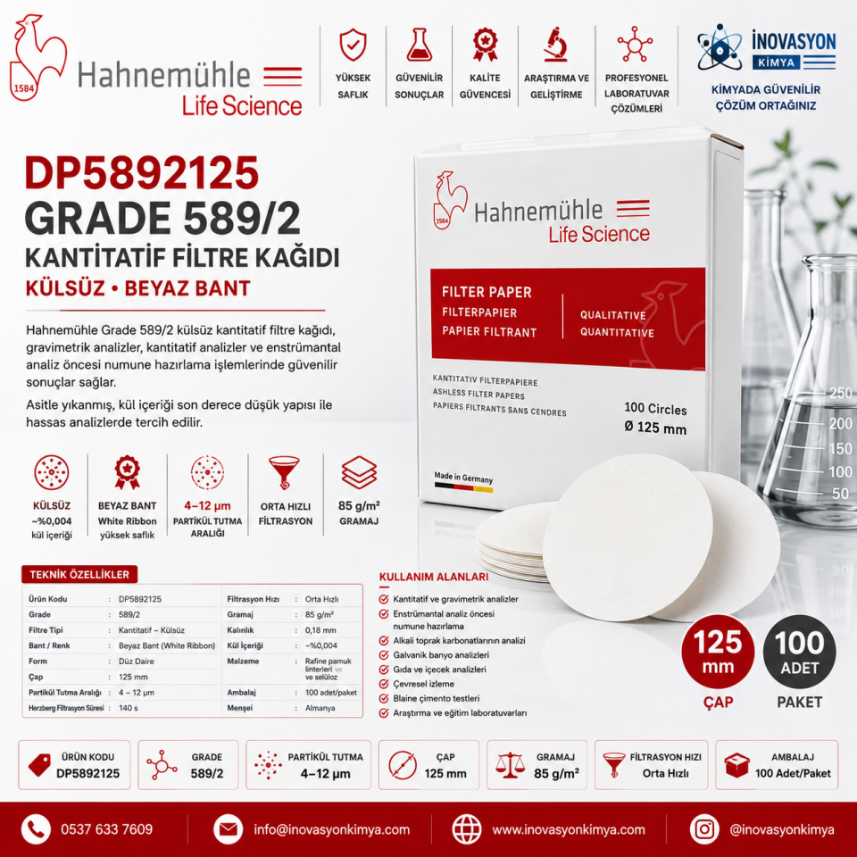 Hahnemühle Grade 589/2 Kantitatif Filtre Kağıdı Külsüz Beyaz Bant 125 mm 100 Adet