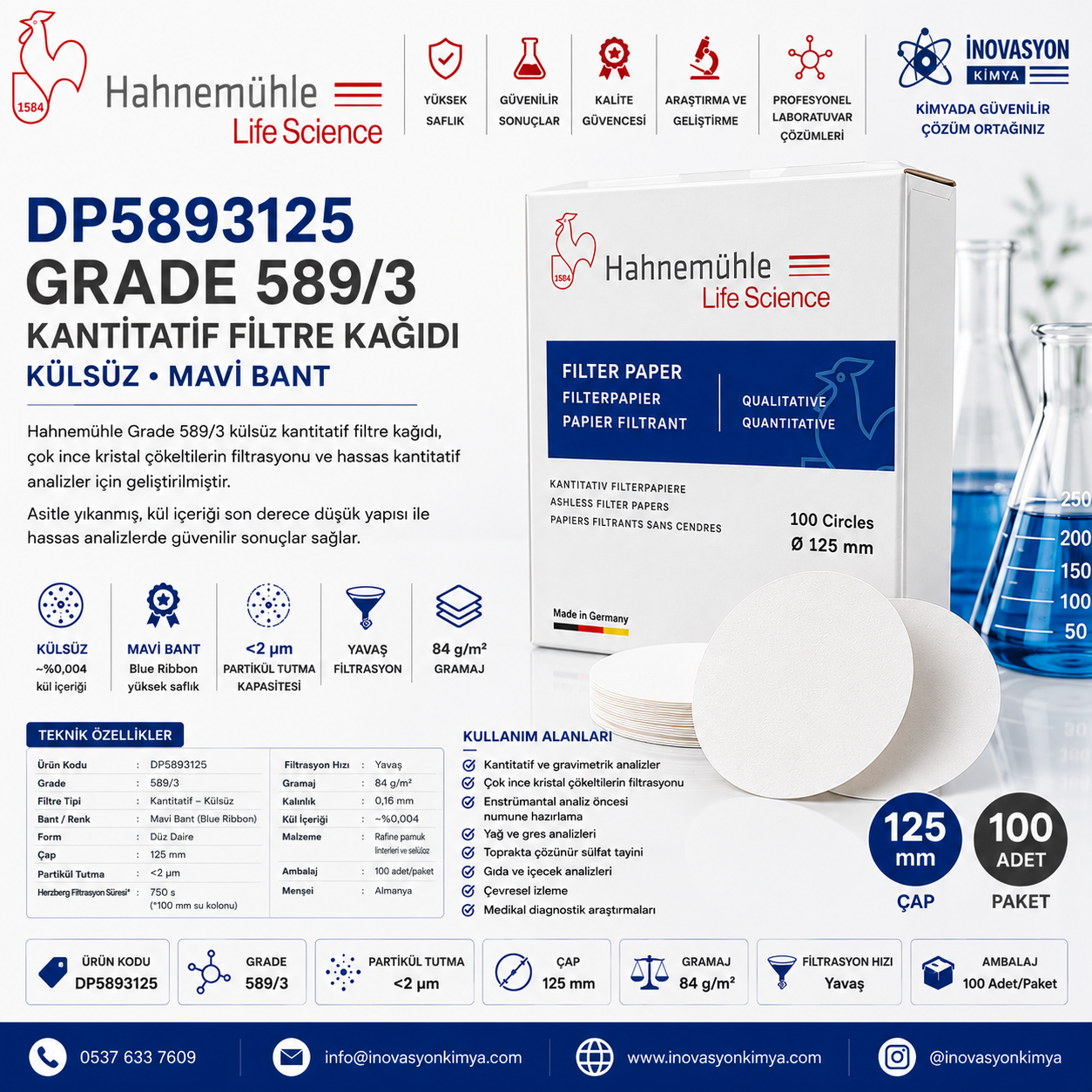Hahnemühle Grade 589/3 Kantitatif Filtre Kağıdı Külsüz Mavi Bant 125 mm 100 Adet