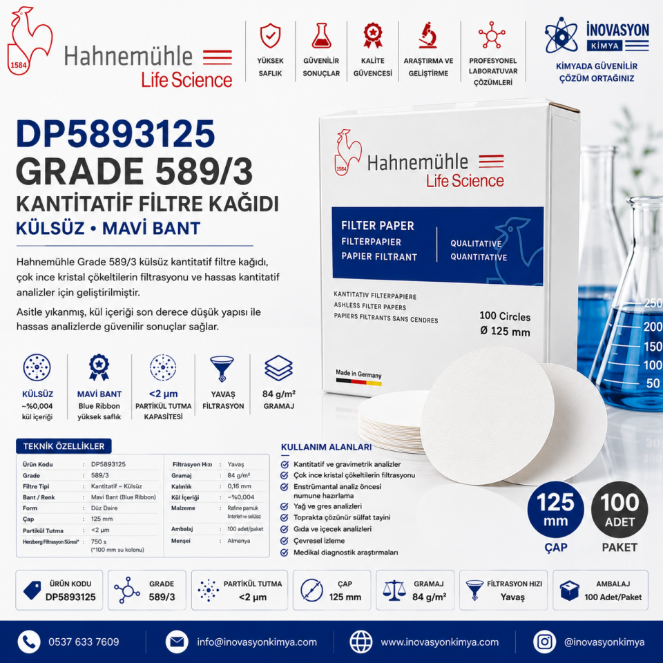 Hahnemühle Grade 589/3 Kantitatif Filtre Kağıdı Külsüz Mavi Bant 125 mm 100 Adet