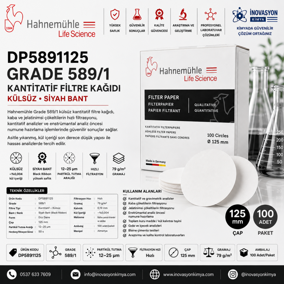 Hahnemühle Grade 589/1 Kantitatif Filtre Kağıdı Külsüz Siyah Bant 125 mm 100 Adet