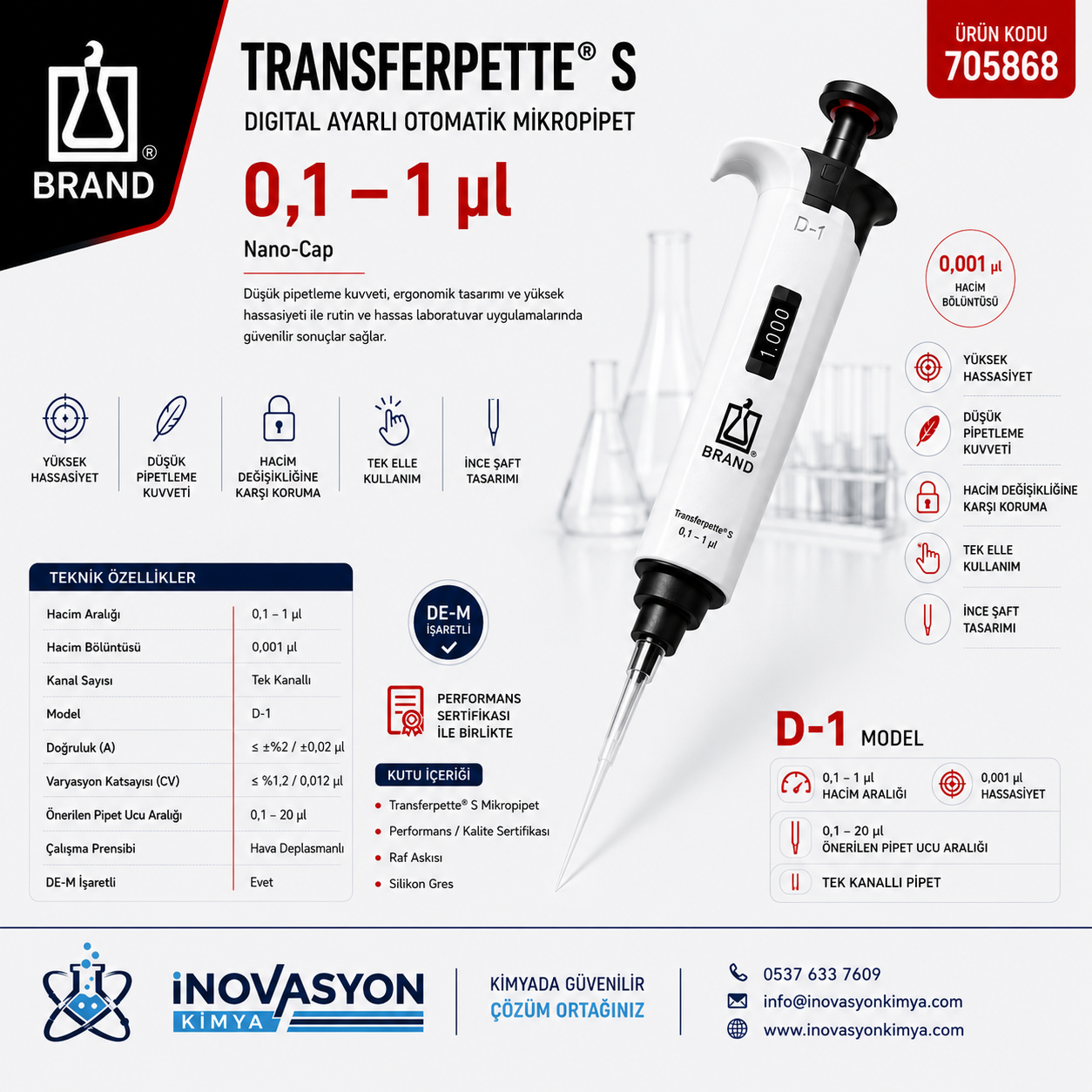 BRAND 705868 Transferpette® S Digital Ayarlı Otomatik Mikropipet 0,1–1 µl Nano-Cap