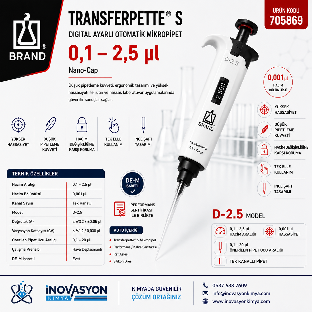 BRAND 705869 Transferpette® S Digital Ayarlı Otomatik Mikropipet 0,1–2,5 µl Nano-Cap