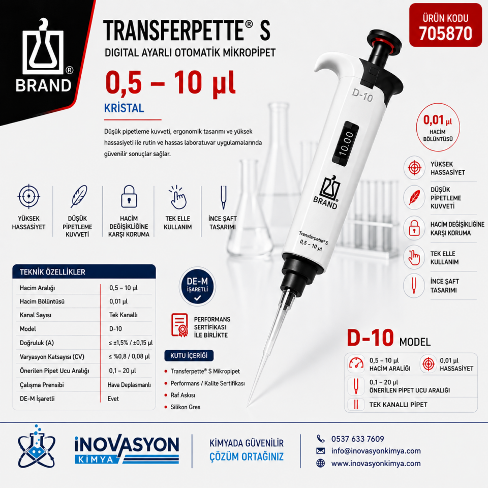 BRAND 705870 Transferpette® S Digital Ayarlı Otomatik Mikropipet 0,5–10 µl Kristal