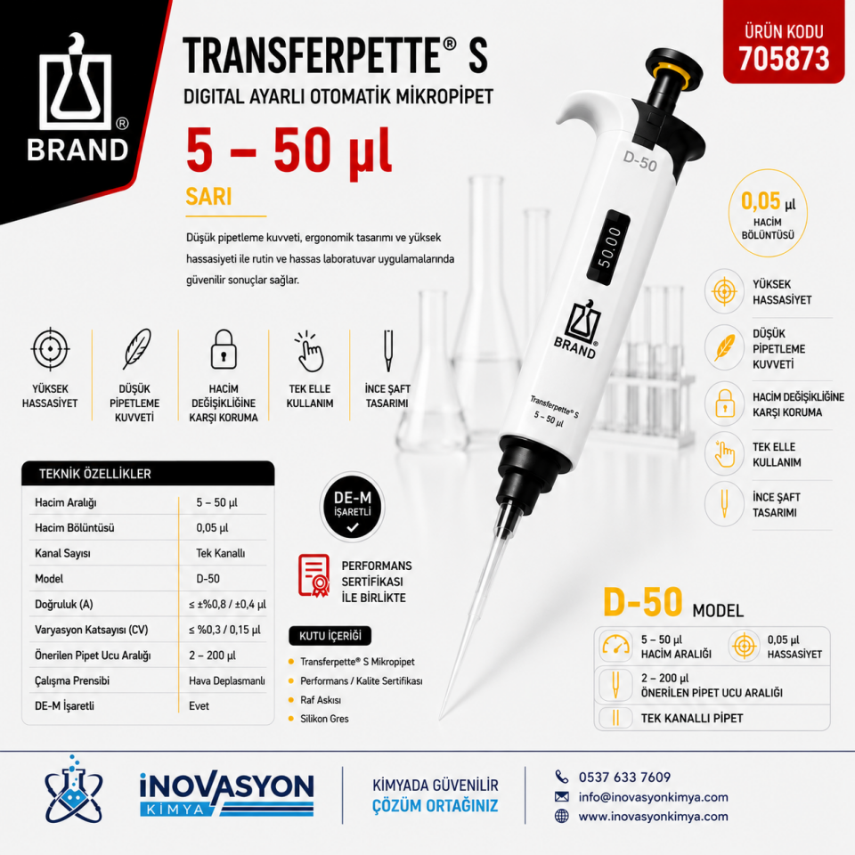 BRAND 705873 Transferpette® S Digital Ayarlı Otomatik Mikropipet 5–50 µl Sarı