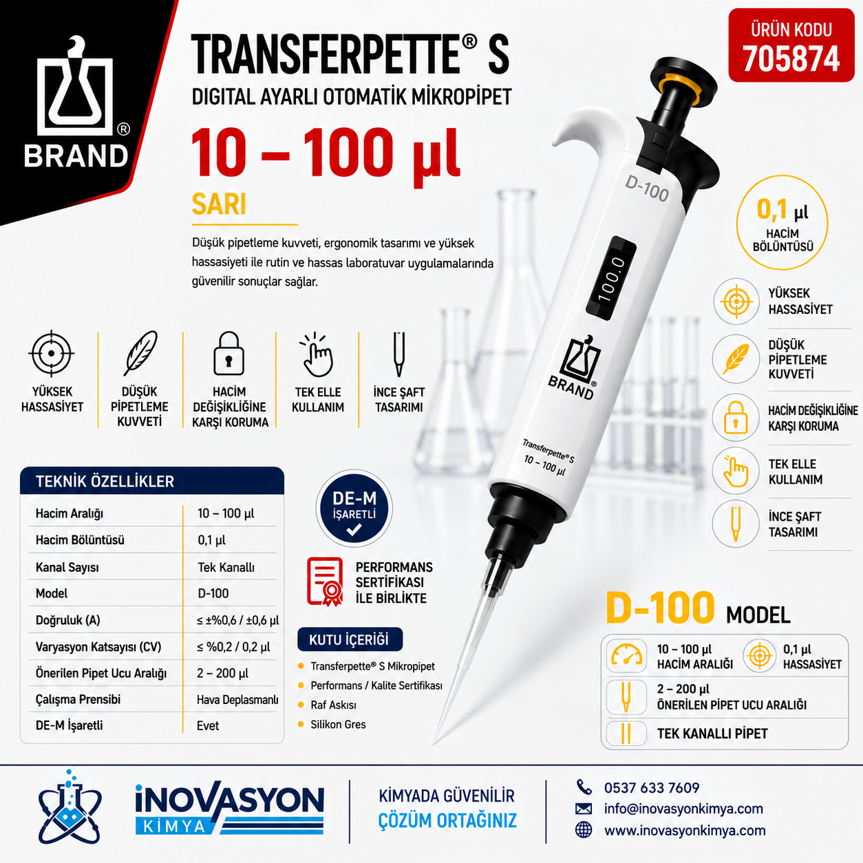 BRAND 705874 Transferpette® S Digital Ayarlı Otomatik Mikropipet 10–100 µl Sarı